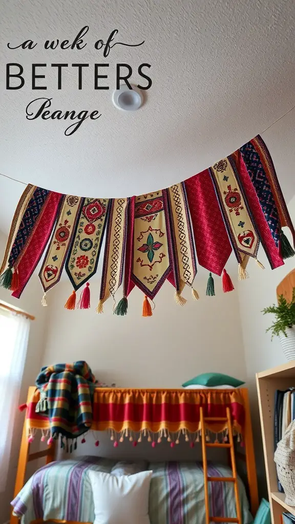 19 Creative Dorm Wall Decor Ideas to Personalize Your Space 10 Colorful hanging fabric banners with tassels in a cozy dorm room setting.