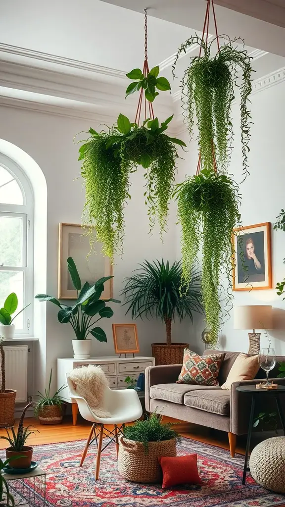 15 Inspiring Living Room Plant Decor Ideas 6 A cozy living room featuring hanging ferns, plants, and a comfortable sofa.