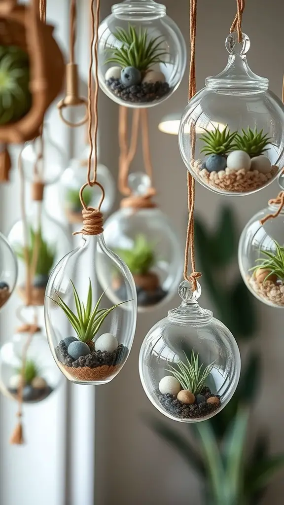 19 Creative Air Plant Display Ideas for Your Home 6 Hanging glass terrariums with air plants and decorative stones.