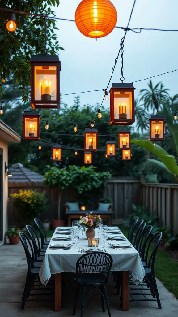 An outdoor dining setup with hanging lanterns, creating a warm and inviting atmosphere.