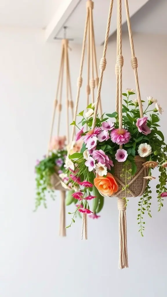 15 Stunning Indoor Flower Pot Ideas for Your Home 2 Colorful hanging macramé planters with various flowers and greenery.