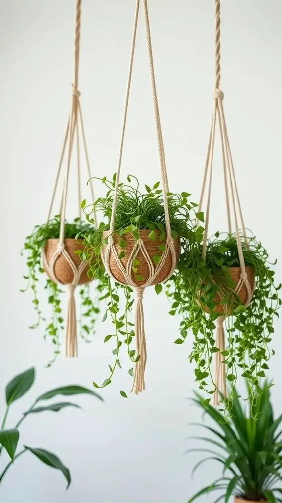 21 Creative Flower Pot Ideas to Brighten Your Space 2 Three hanging macrame planters with lush green plants, displayed against a light wall.