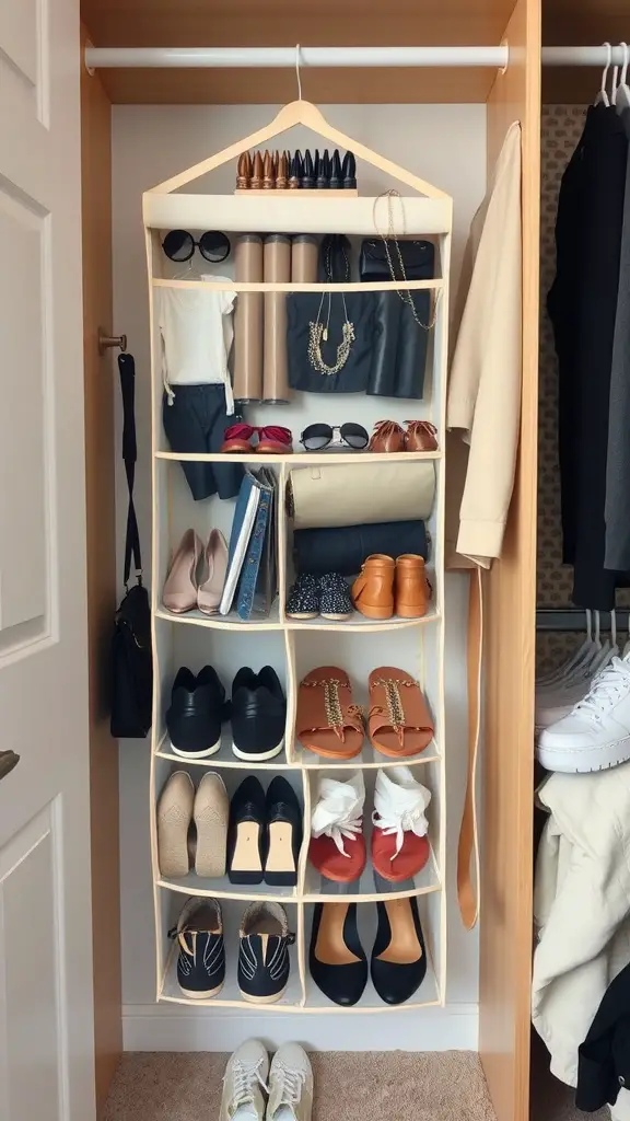 19 Creative Dorm Closet Organization Ideas You Need to Try 5 A hanging organizer in a closet displaying shoes and accessories, showcasing effective use of vertical space.