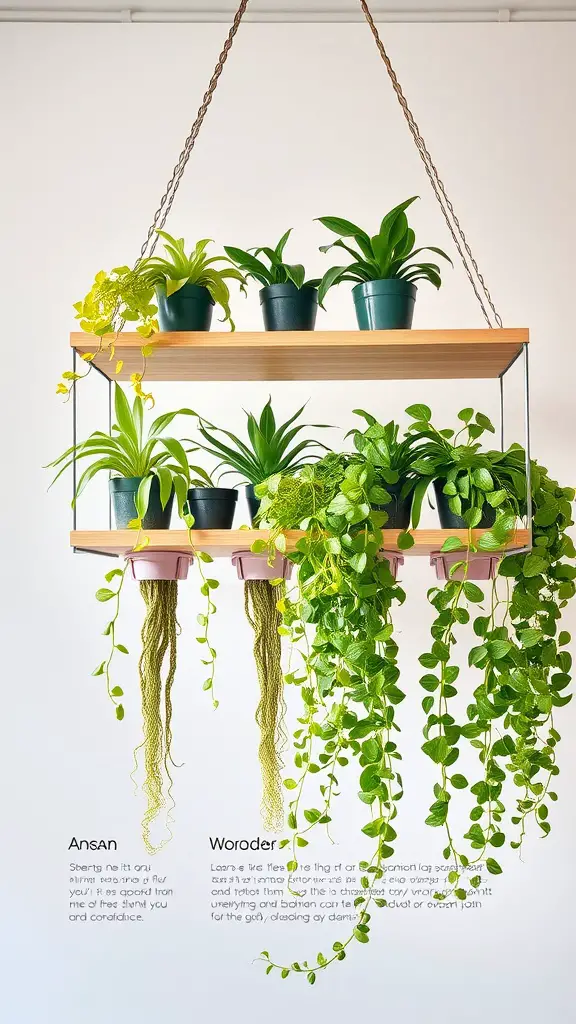 17 Creative Plant Stand Ideas to Elevate Your Greenery 7 A stylish hanging plant shelf displaying various green plants with cascading vines.