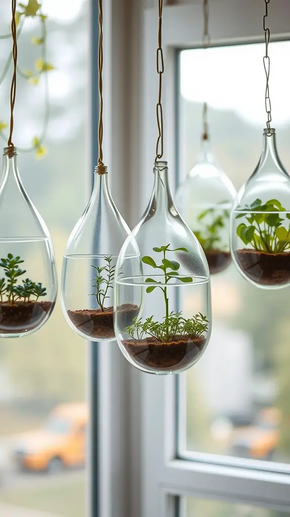 21 Stunning House Plant Decor Ideas for Every Room 8 Hanging glass terrariums with small plants inside, displayed near a window