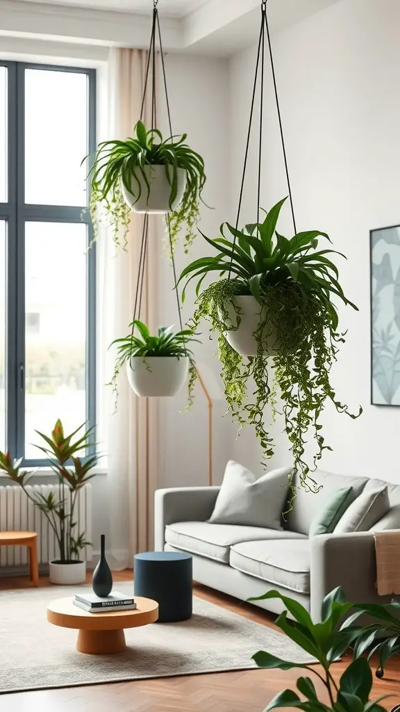 15 Inspiring Living Room Plant Decor Ideas 16 A cozy living room featuring three hanging planters with lush greenery, a comfortable sofa, and a stylish coffee table.