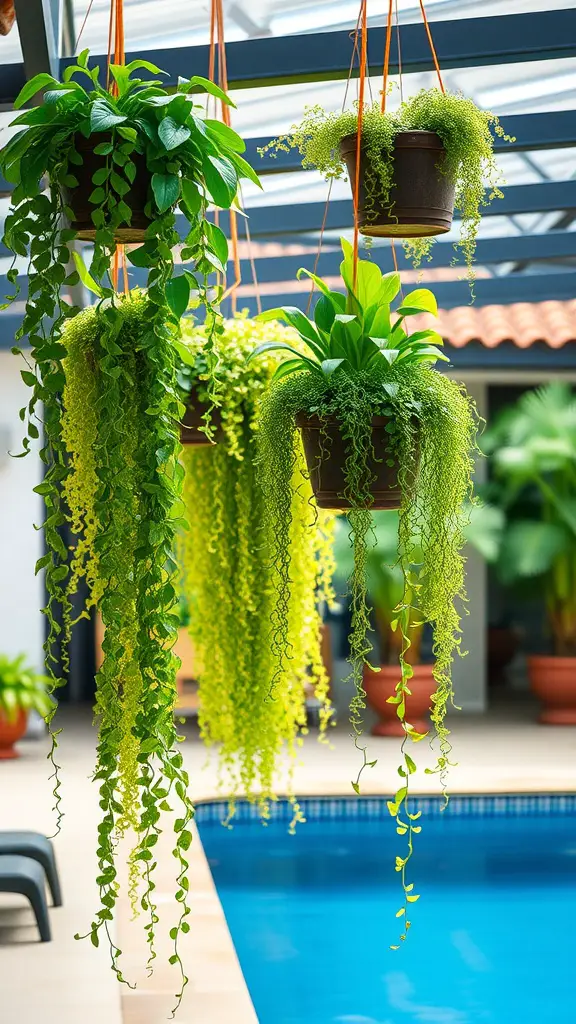 19 Stunning Planter Ideas to Enhance Your Pool Area 10 Hanging planters with lush green plants above a swimming pool