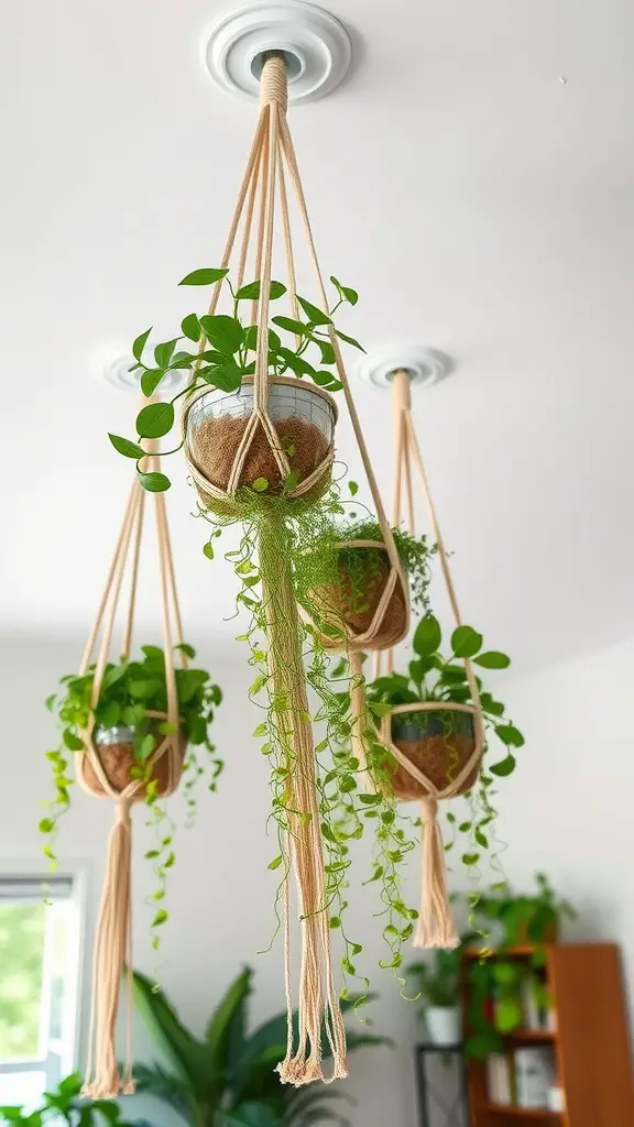 21 Stunning Room Plants Ideas to Transform Your Space 12 A collection of macramé hanging planters displaying various green plants in a bright room.