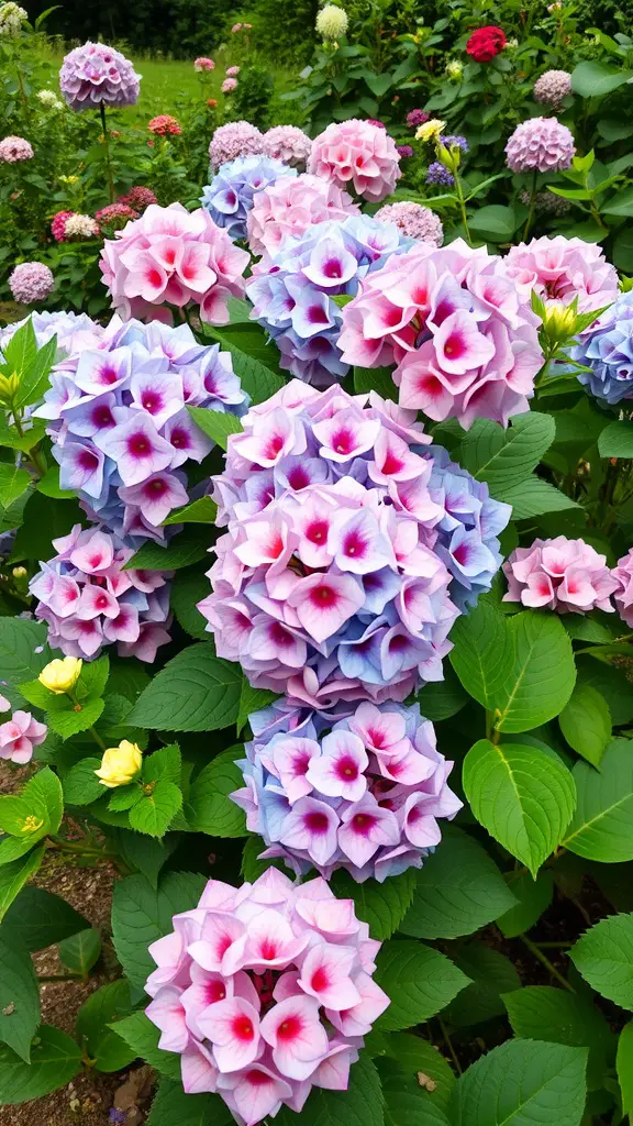 23 Stunning Flowering Shrubs to Transform Your Garden 9 A colorful display of hydrangea flowers in shades of blue, pink, and lavender.