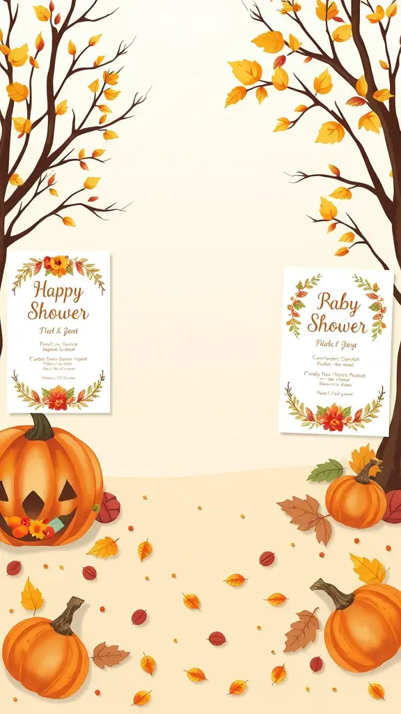 17 Charming Autumn Baby Shower Ideas for a Cozy Celebration 7 Harvest-inspired baby shower invitations with pumpkins and autumn leaves.