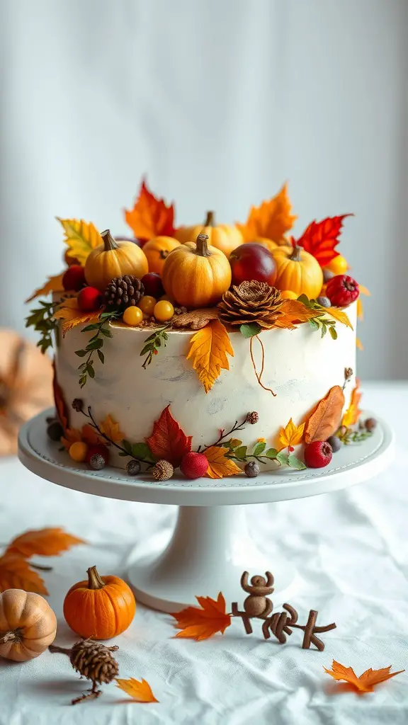 17 Charming Autumn Baby Shower Ideas for a Cozy Celebration 13 A beautiful harvest-themed cake decorated with mini pumpkins, colorful leaves, and berries.