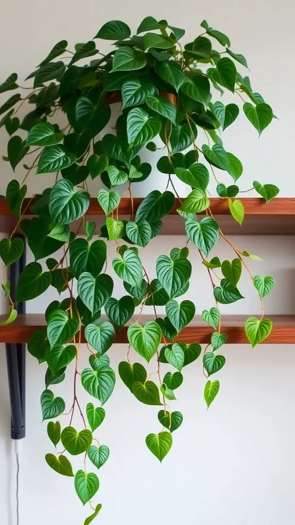 19 Creative Indoor Hanging Plant Ideas for a Lush Home Decor 2 A lush Heartleaf Philodendron plant with heart-shaped leaves hanging from a wooden shelf