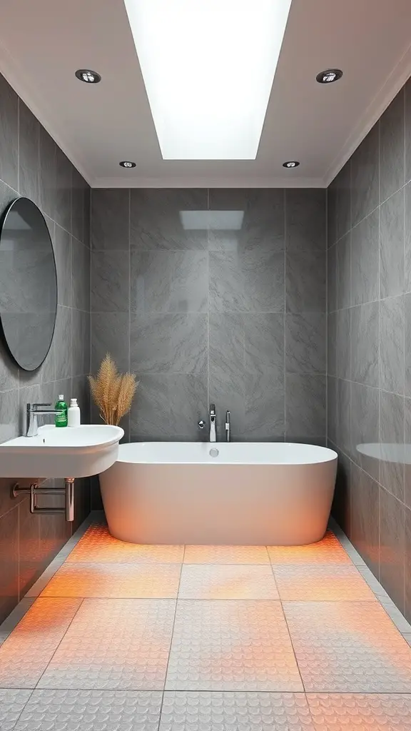17 Cozy Bathroom Ideas for a Relaxing Retreat 15 Modern bathroom with heated floors, freestanding tub, and stylish sink.