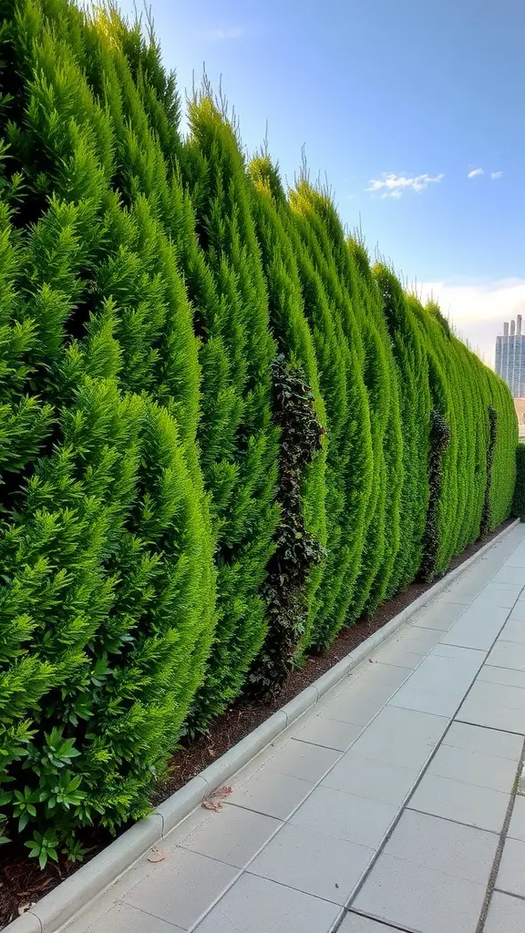 15 Affordable Fence Ideas for Your Backyard 10 A row of neatly trimmed green hedges along a paved pathway under a clear blue sky.