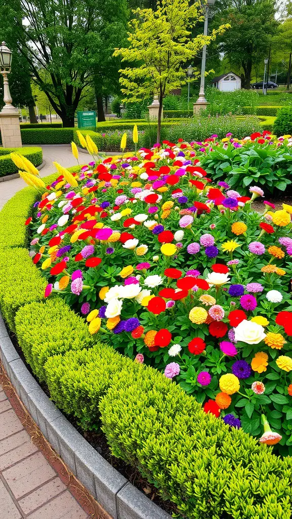 19 Creative Flower Bed Edging Ideas to Transform Your Garden 12 Colorful flower bed bordered by lush green hedge plants.