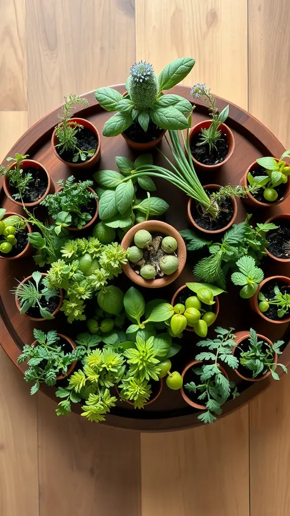 15 Creative Indoor Herb Planter Ideas for Your Home 11 A circular wooden lazy Susan filled with various herb plants in small pots, showcasing a vibrant assortment of greens.