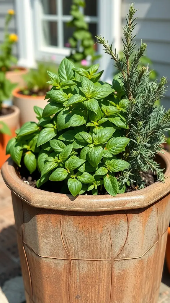 15 Stunning Planter Ideas for Full Sun Gardens 7 A lush herb garden featuring basil and rosemary in a terracotta planter, basking in sunlight.