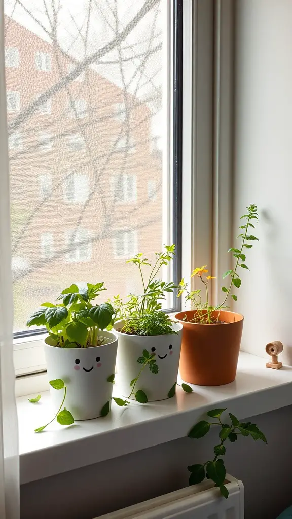 21 Inspiring Green Dorm Room Ideas for a Fresh Study Space 14 A cheerful herb garden on a windowsill with smiley face pots.