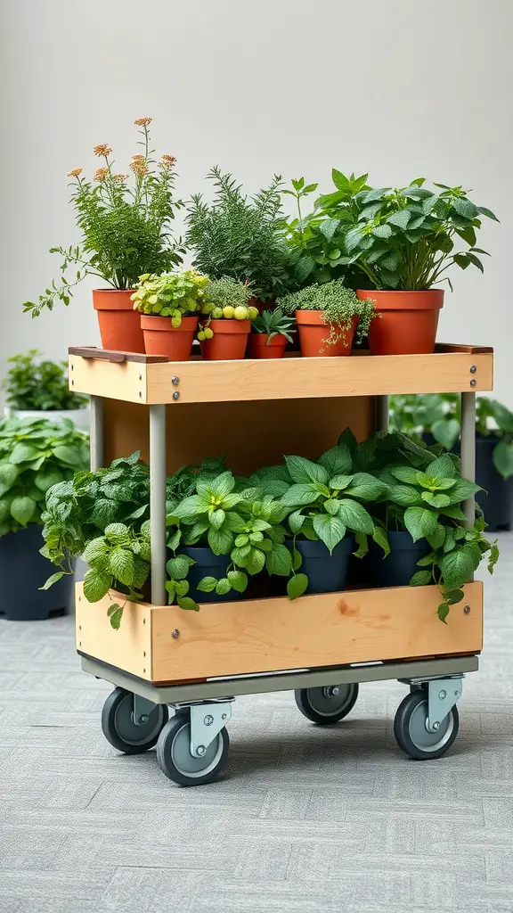 15 Creative Indoor Herb Planter Ideas for Your Home 17 A wooden cart with various potted herbs, showcasing a mobile herb planter on wheels.
