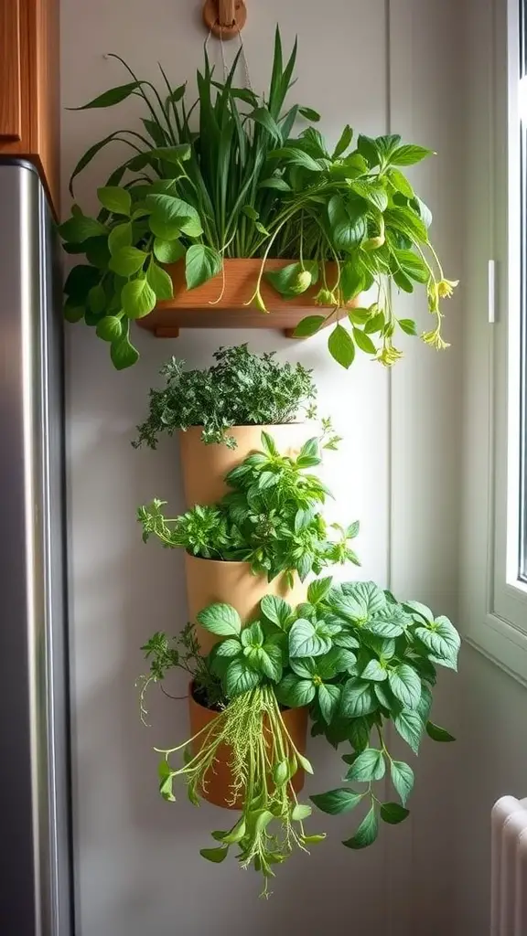 25 Must-Have Kitchen Plants for a Fresh and Green Home 14 A vertical herb planter with various green plants, showcasing a space-saving design for small kitchens.