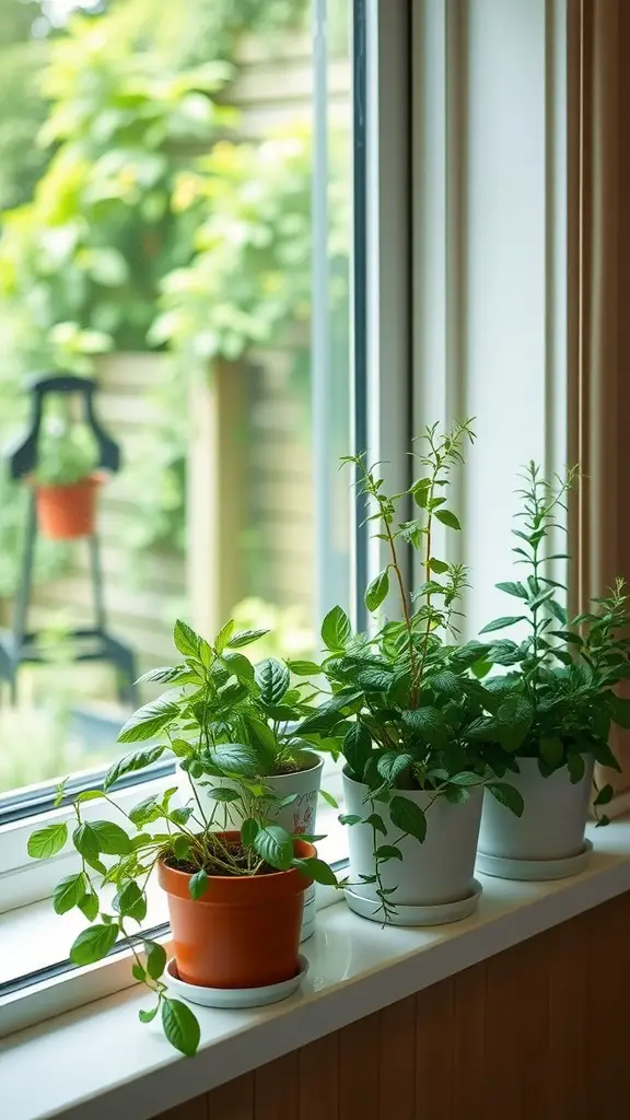 21 Growing Indoor Plant Ideas to Transform Your Space 4 Indoor herb garden with various pots of mint, basil, and rosemary by a window