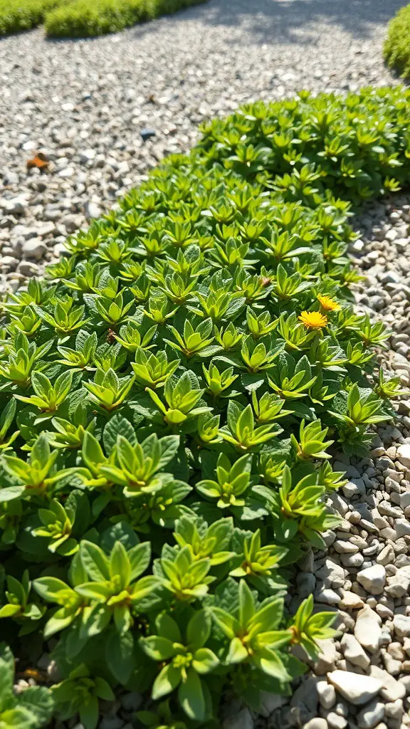 21 Beautiful Ground Cover Plant Ideas for Your Garden 13 Close-up view of Herniaria glabra growing among gravel, showcasing its lush green leaves.