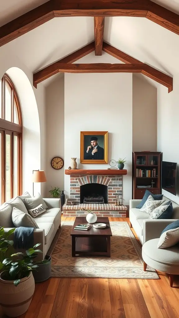 19 Cozy Small Living Room Ideas You’ll Love 17 Cozy living room with exposed beams, brick fireplace, and large arched windows.