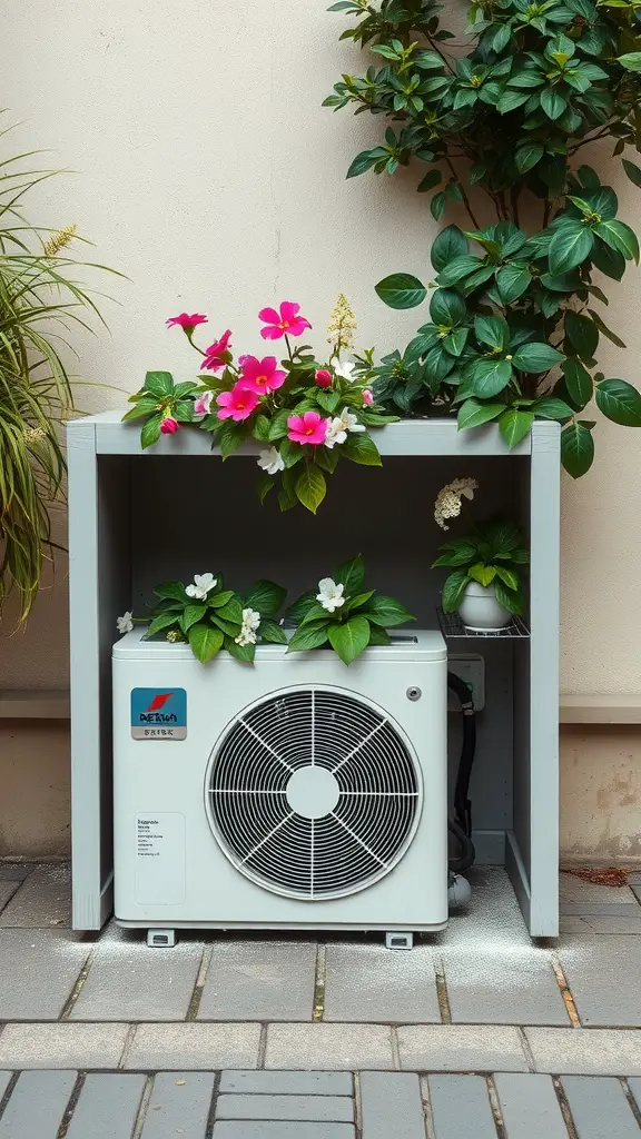 15 Creative Outdoor Ideas for AC Unit Covers 13 A gray hollow planter box with flowers surrounding an outdoor air conditioning unit.