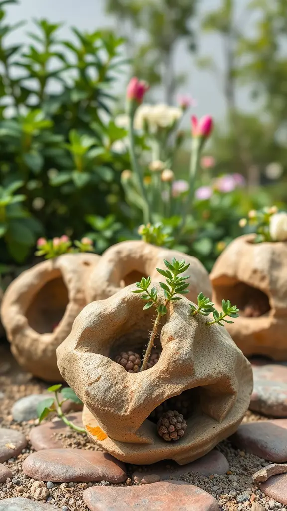 21 Creative Flower Pot Ideas to Brighten Your Space 15 Hollowed stone planters with plants and flowers in a garden setting.
