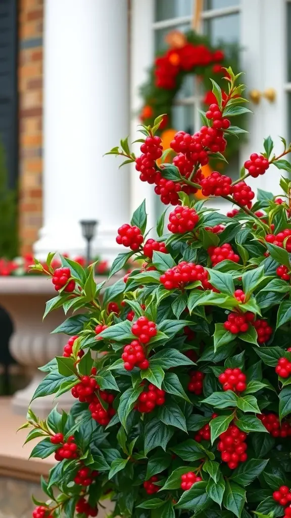 A vibrant holly bush with red berries in front of a house, adorned with a festive wreath.