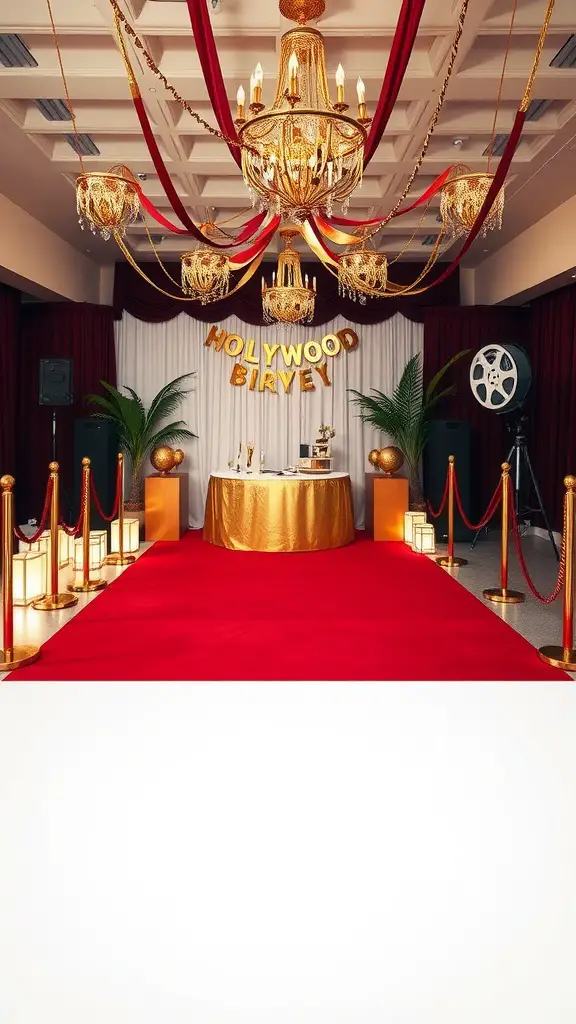 27 Creative Wedding Shower Theme Ideas You’ll Love 10 A glamorous Hollywood-themed wedding shower setup with a red carpet, golden decorations, and a chandelier.
