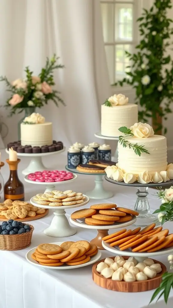 23 Charming Small Backyard Wedding Ideas for Your Dream Celebration 16 A beautifully arranged dessert table featuring cakes, cookies, and pastries for a wedding.