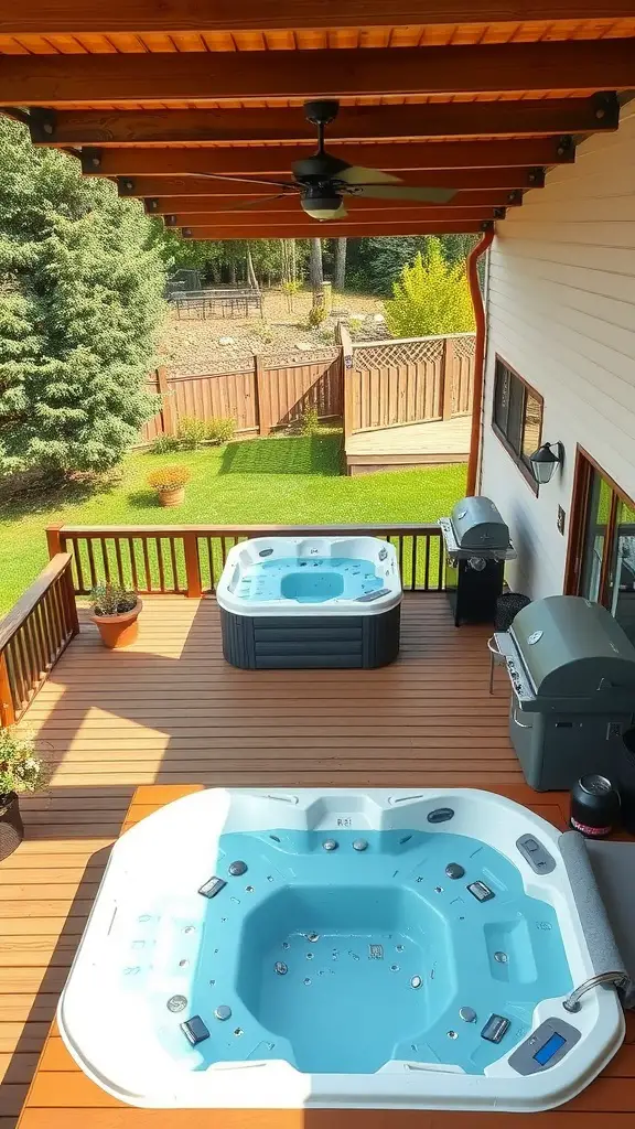 Deck with two hot tubs and an outdoor kitchen setup