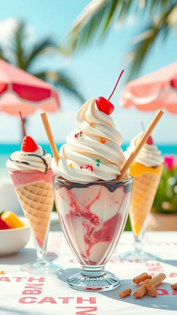 19 Creative Summer Baby Shower Ideas to Celebrate the Mom-to-Be 17 An ice cream sundae bar featuring colorful ice cream cones, toppings, and a beautiful beach backdrop with palm trees and umbrellas.