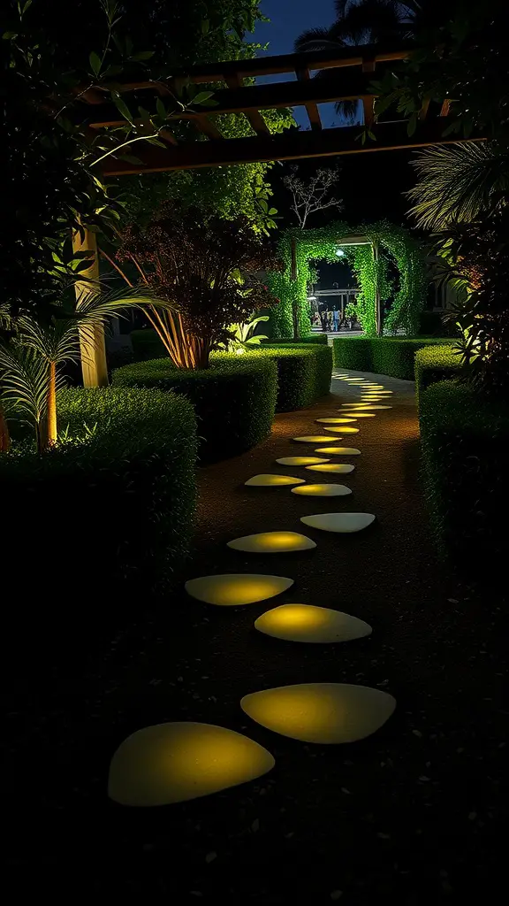 21 Stunning Outdoor Lighting Ideas to Transform Your Space 14 A garden path illuminated by glowing stones, surrounded by lush greenery and trees