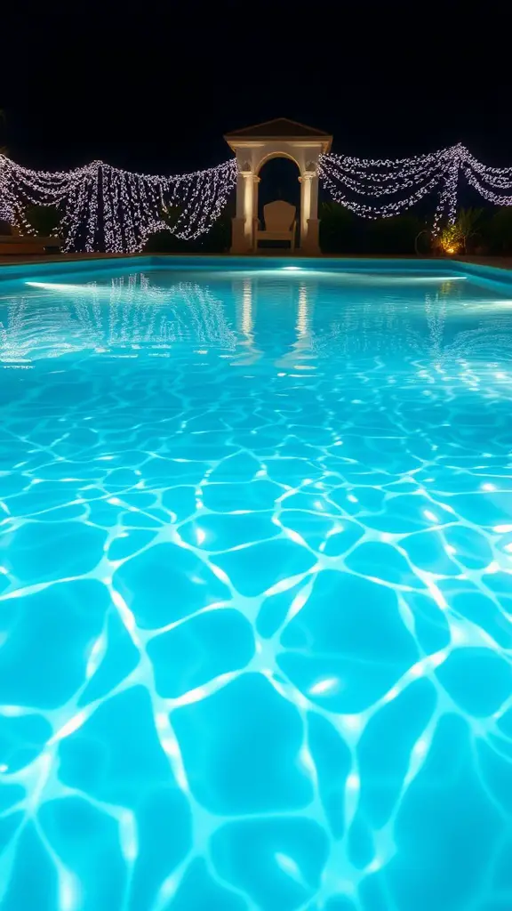 15 Creative DIY Pool Ideas to Transform Your Backyard 4 A beautifully illuminated swimming pool at night with LED lights and decorative drapes.