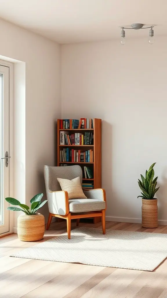 19 Cozy Small Living Room Ideas You’ll Love 11 A cozy reading corner featuring a stylish armchair, a bookshelf filled with books, and potted plants.