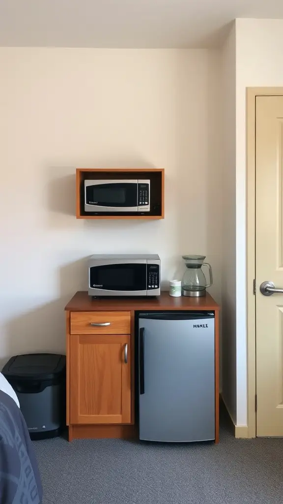 19 Creative Dorm Layout Ideas to Maximize Your Space 14 A mini kitchenette in a dorm room featuring a microwave, a refrigerator, and a coffee maker.