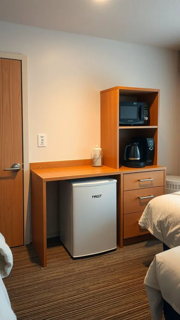 17 Creative Single Dorm Room Ideas You’ll Love 11 A compact kitchenette setup in a single dorm room featuring a mini fridge, microwave, and coffee maker.