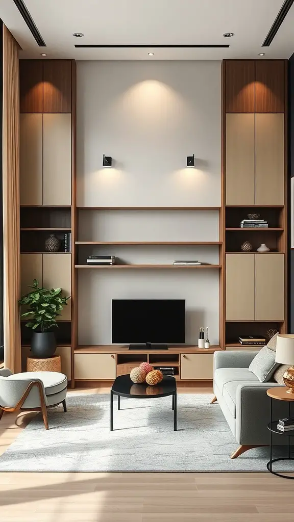 21 Stylish Small Living Room Ideas to Maximize Your Space 6 A stylish small living room featuring built-in storage solutions, a TV, and modern furniture.
