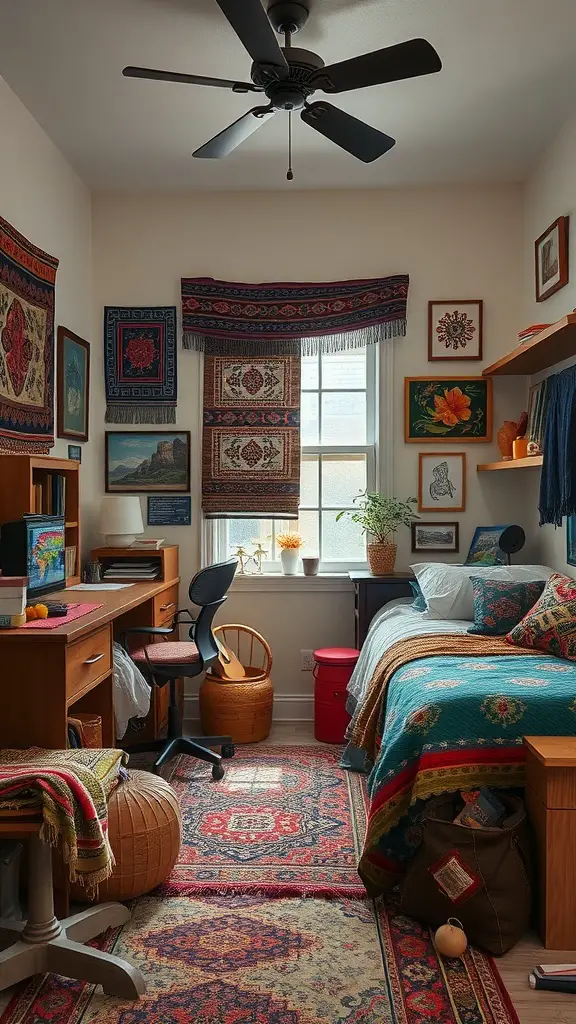 19 Aesthetic Dorm Room Ideas You’ll Love 16 A cozy dorm room featuring vibrant textiles, tapestries, and cultural decor elements.