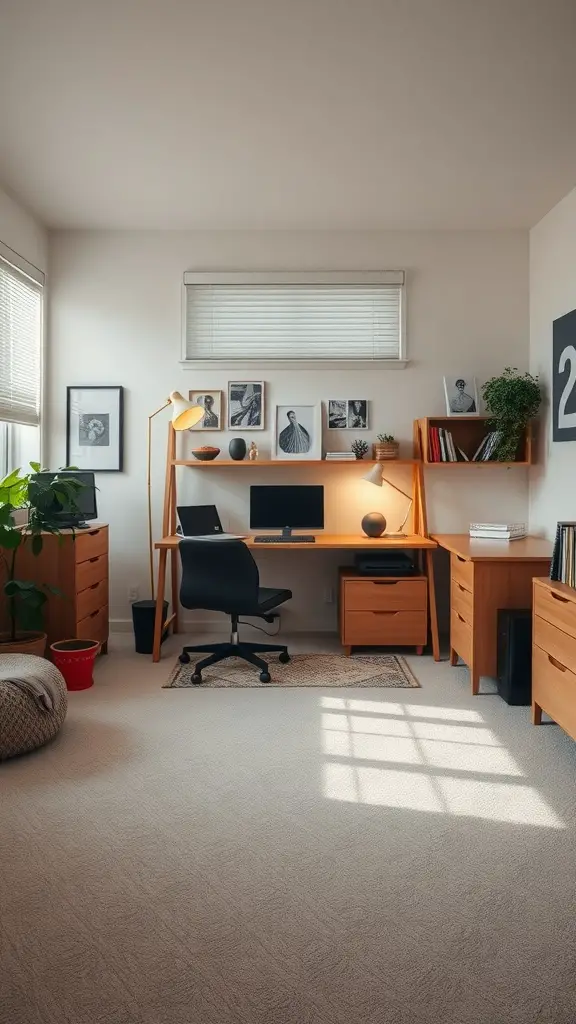 21 Creative Dorm Living Room Ideas to Maximize Space 14 A cozy dorm room with a well-organized desk area featuring wooden furniture, a comfortable chair, and decorative plants.