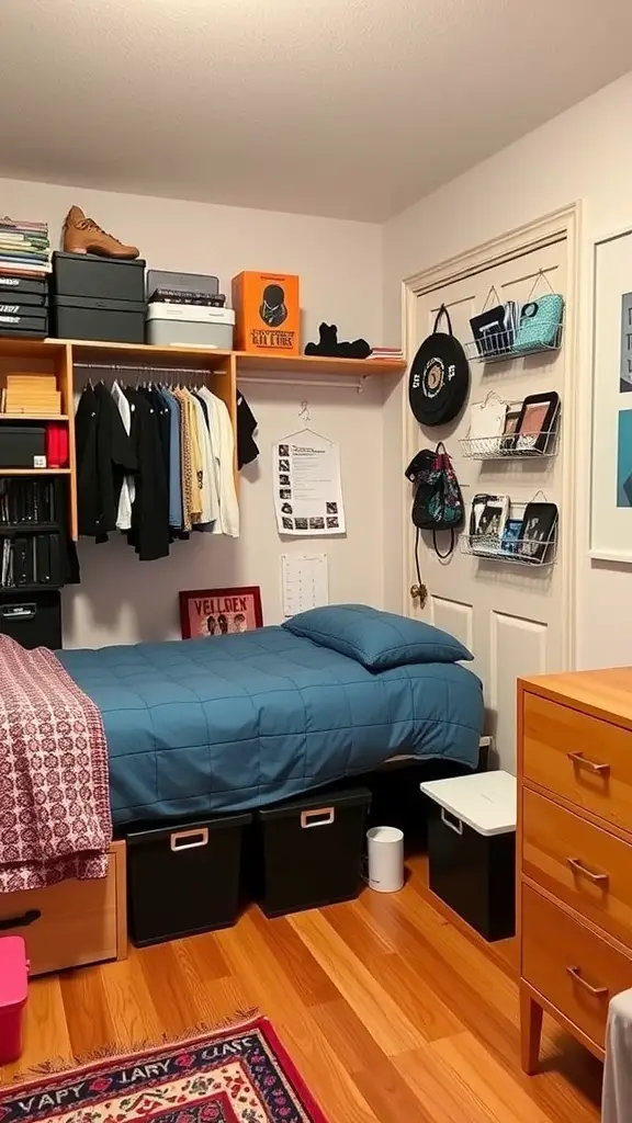 21 Creative Dorm Room Inspiration Ideas for College Students 17 A college dorm room featuring a bed, shelves with clothes and storage boxes, and organized storage bins