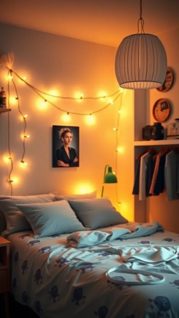 17 Creative Single Dorm Room Ideas You’ll Love 2 A cozy dorm room with warm lighting, featuring fairy lights and a stylish lamp.
