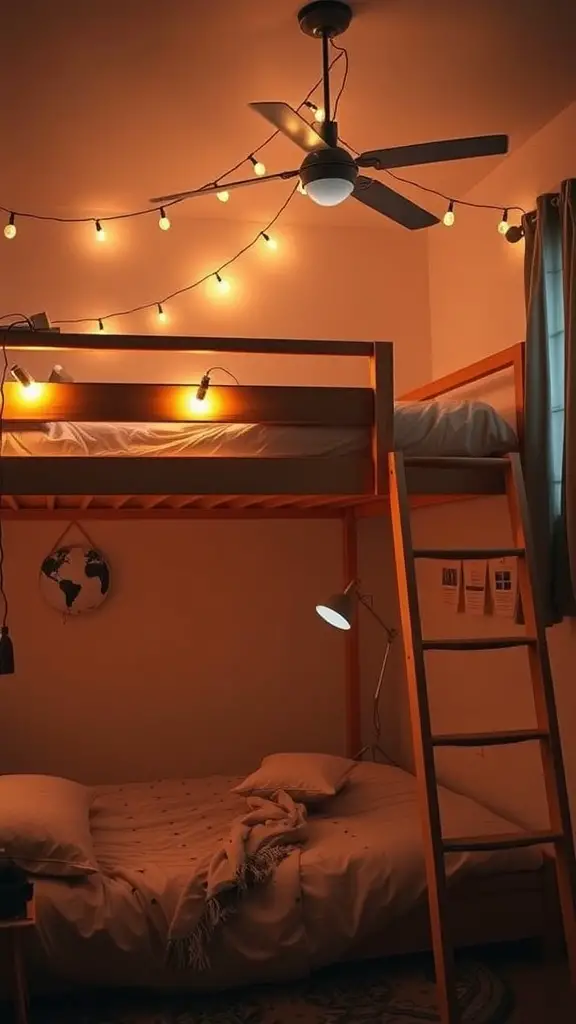 21 Creative Lofted Dorm Bed Ideas for Small Spaces 15 A cozy bedroom with a lofted bed, featuring warm string lights and a lamp, creating an inviting atmosphere.