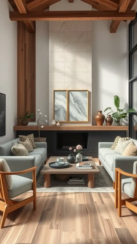 19 Cozy Modern Living Room Inspiration Ideas 15 A modern cozy living room featuring wooden beams, stone accents, soft textiles, and plants.