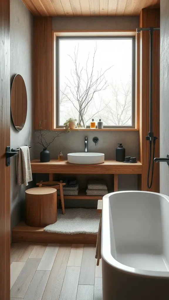 19 Creative Windowless Bathroom Ideas You’ll Love 17 A stylish windowless bathroom featuring natural wood and stone materials, a round mirror, and minimalistic decor.