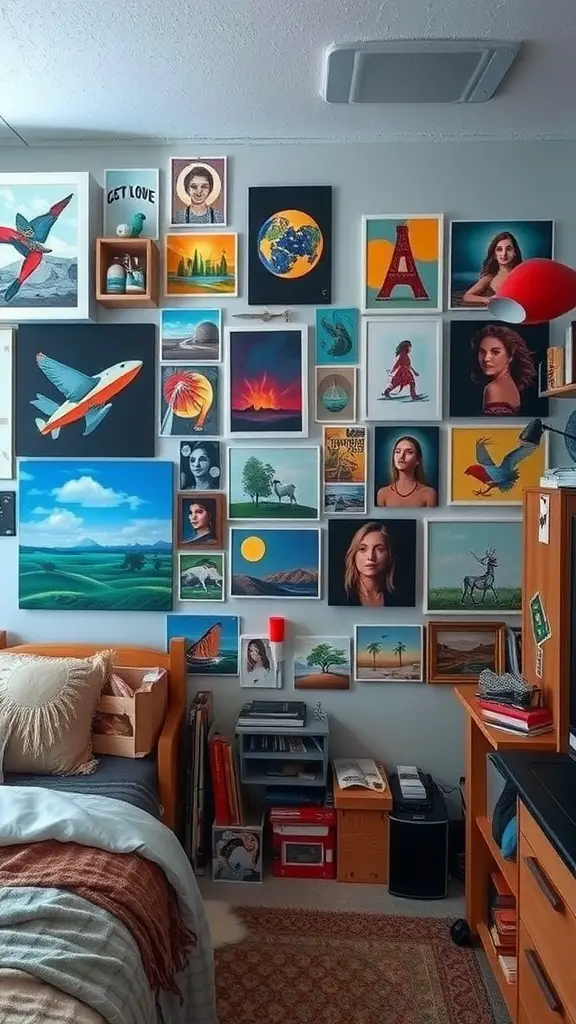 21 Creative Dorm Room Inspiration Ideas for College Students 5 A college dorm room wall decorated with a variety of colorful artwork, showcasing different styles and themes.