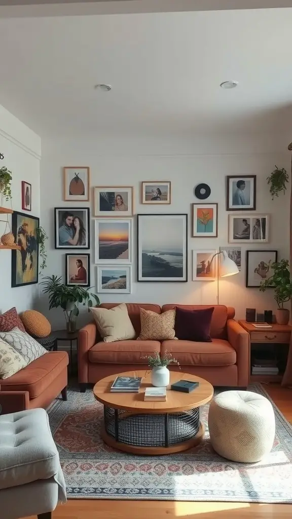21 Cozy Living Room Ideas for Small Apartment Spaces 8 Cozy living room with orange sofas, wall art, and plants.