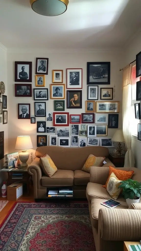 19 Cozy Small Living Room Ideas You’ll Love 12 A cozy small living room with a collage of framed photographs on the wall, a sofa with decorative pillows, and a rich rug.